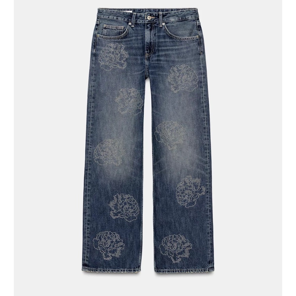 ZARA HI-RISE RHINESTONE FLORAL TRF BARREL JEANS